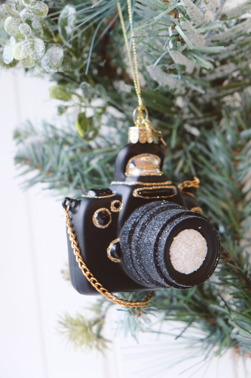 Camera Glitter Glass Christmas Tree Bauble