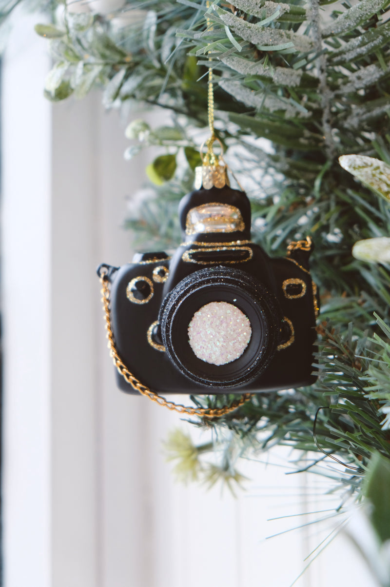 Camera Glitter Glass Christmas Tree Bauble