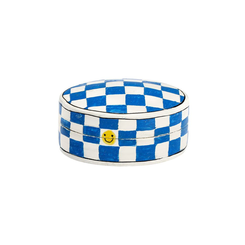 Blue Checkered Smiley Face Jewellery Box
