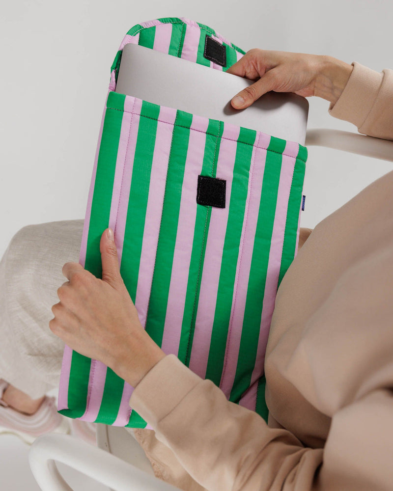Baggu Pink and Green Striped Puffy Laptop Sleeve