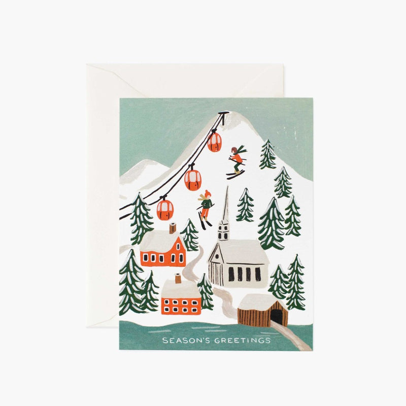Holiday Snow Skiing Scene Seasons Greetings Christmas Festive Card