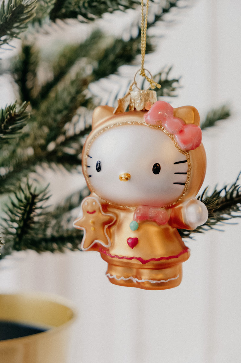 Hello Kitty Gingerbread Metallic and Glitter Glass Christmas Tree Bauble Ornament