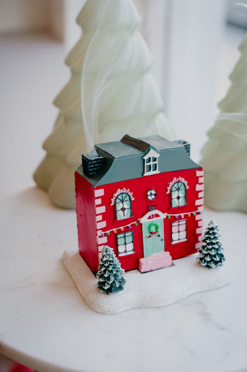 Christmas Red House with Trees Incense Cone Burner