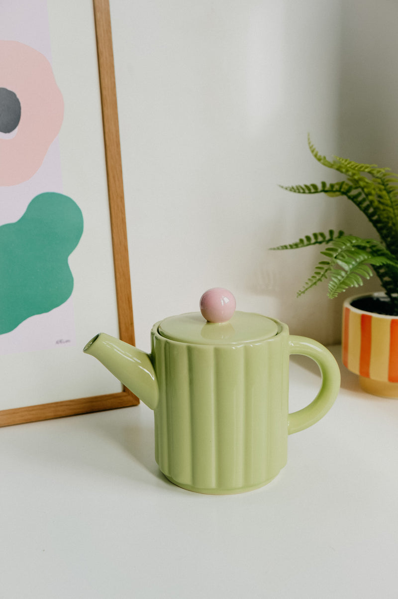 Miriam Pastel Green and Pink Ribbed Teapot