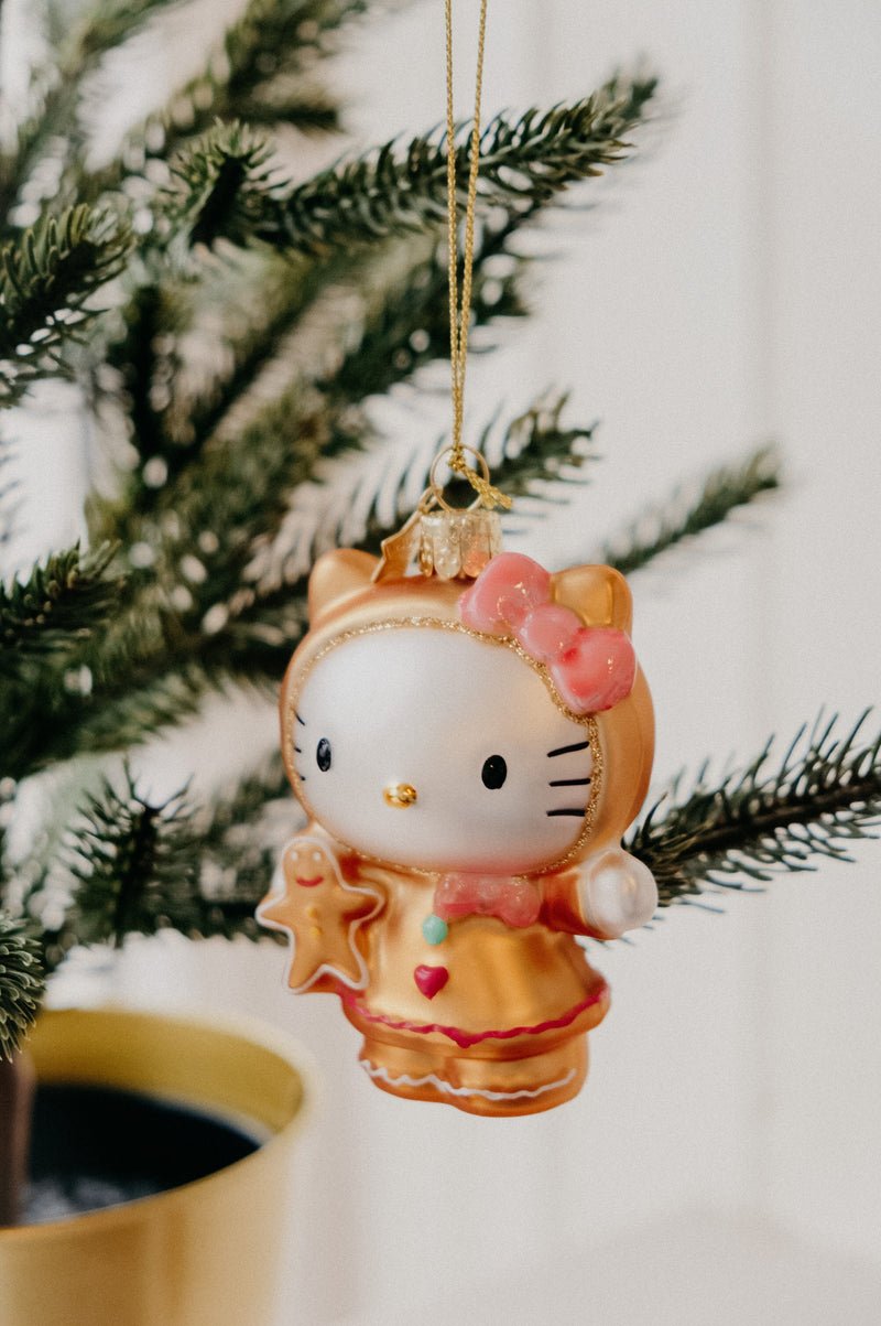 Hello Kitty Gingerbread Metallic and Glitter Glass Christmas Tree Bauble Ornament