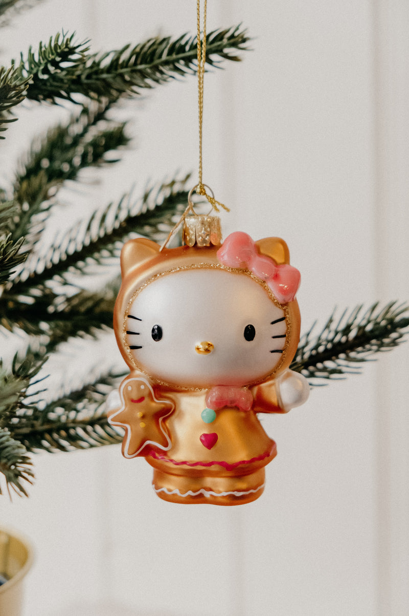 Hello Kitty Gingerbread Metallic and Glitter Glass Christmas Tree Bauble Ornament