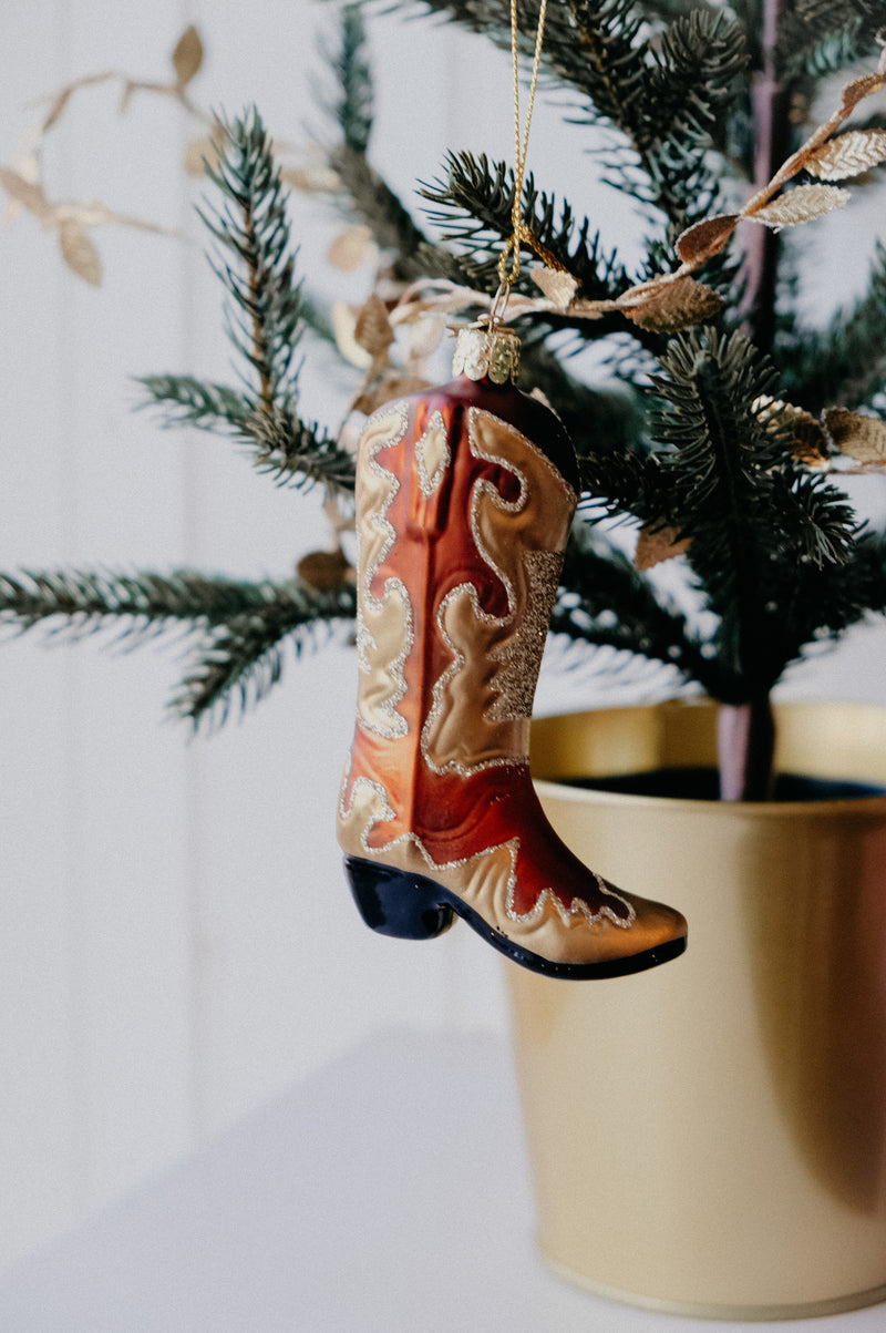Hayley Cowboy Boot Classic Glitter Glass Christmas Tree Bauble
