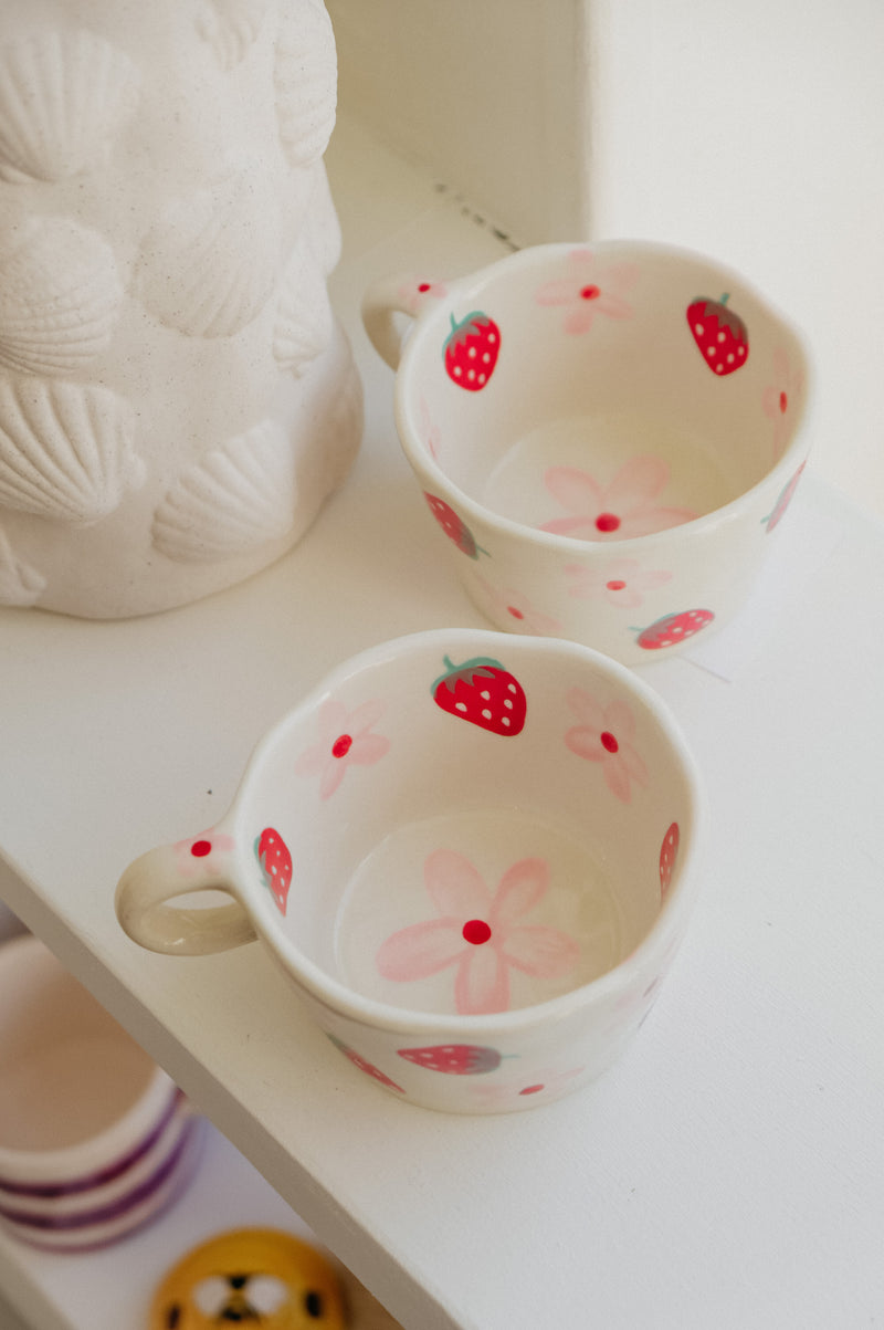 Jackie Irregular Strawberry and Flowers Handpainted Mug