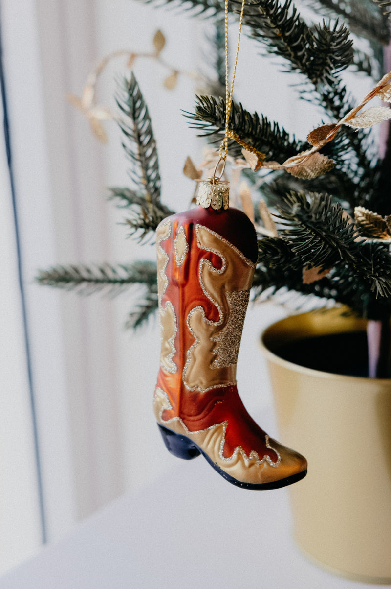 Hayley Cowboy Boot Classic Glitter Glass Christmas Tree Bauble