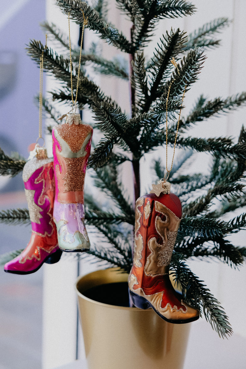 Hayley Cowboy Boot Classic Glitter Glass Christmas Tree Bauble